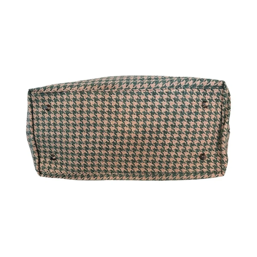 Green & Cream Houndstooth Tote with Removable Black Strap